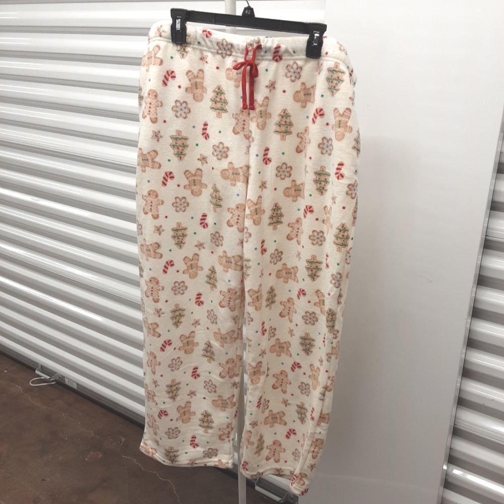Holiday Time Cream Gingerbread Print Fleece Joggers with Red Drawstring